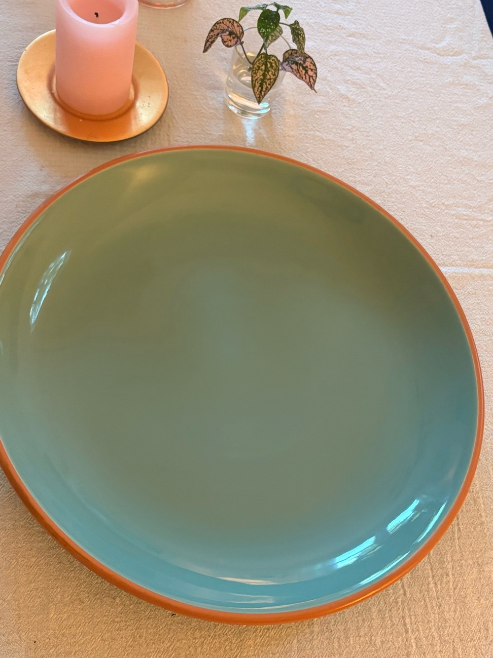 Ceramic Large Platter in Sage Green with Orange Rim